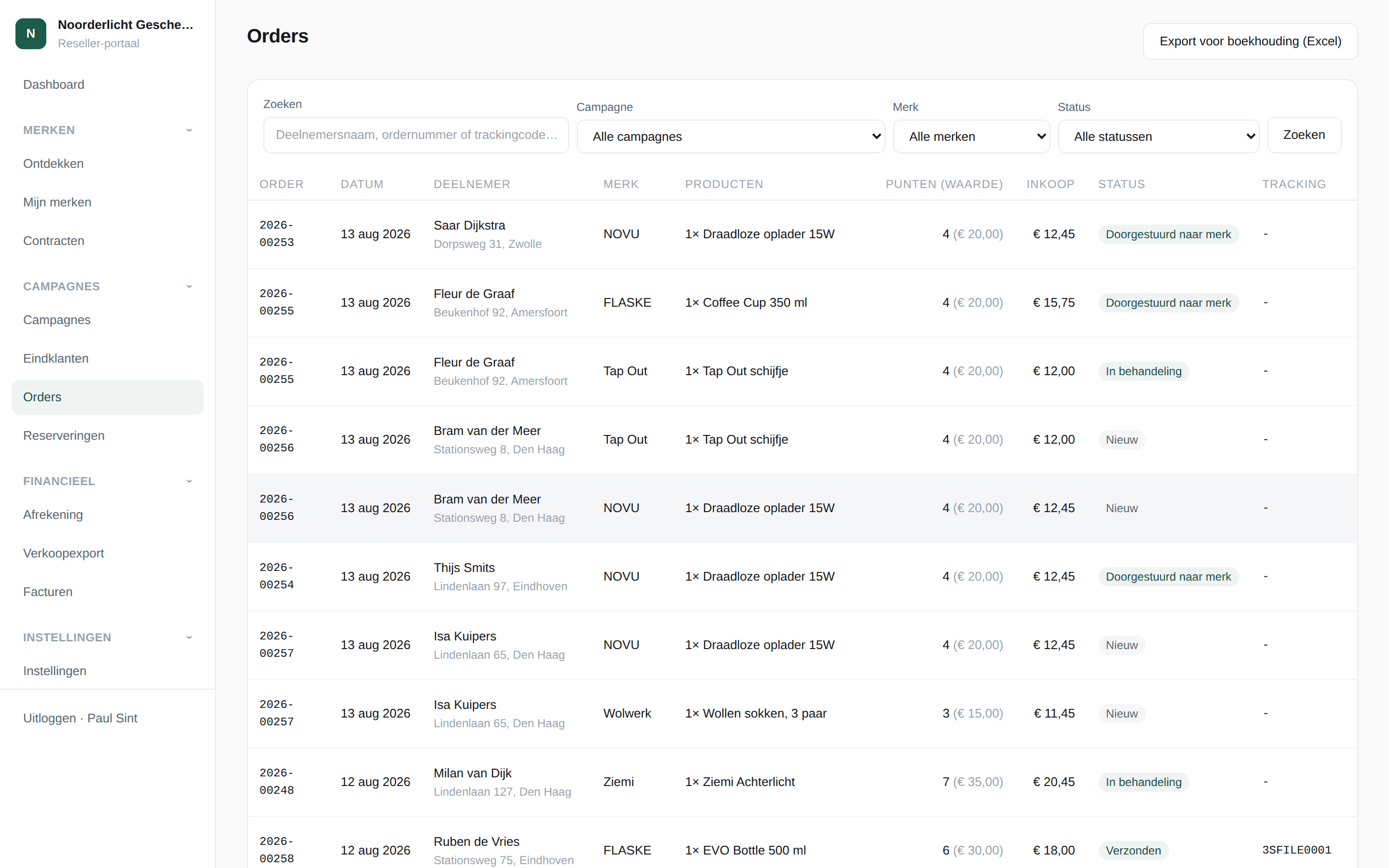 Het orderoverzicht in het reseller-portaal, met status en inkoopwaarde per order