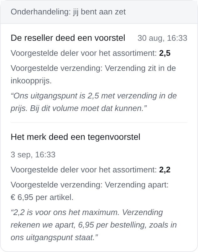 De onderhandeling met een merk: het voorstel van de reseller met deler en verzending, en het tegenvoorstel van het merk eronder