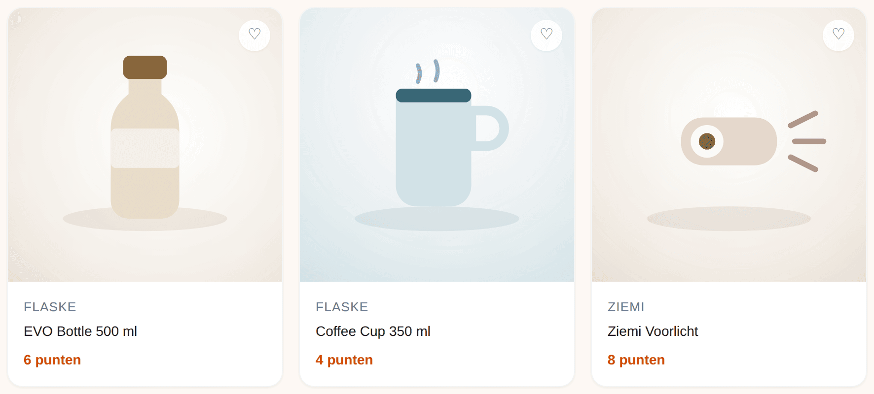 De deelnemersshop met het assortiment en het puntensaldo rechtsboven