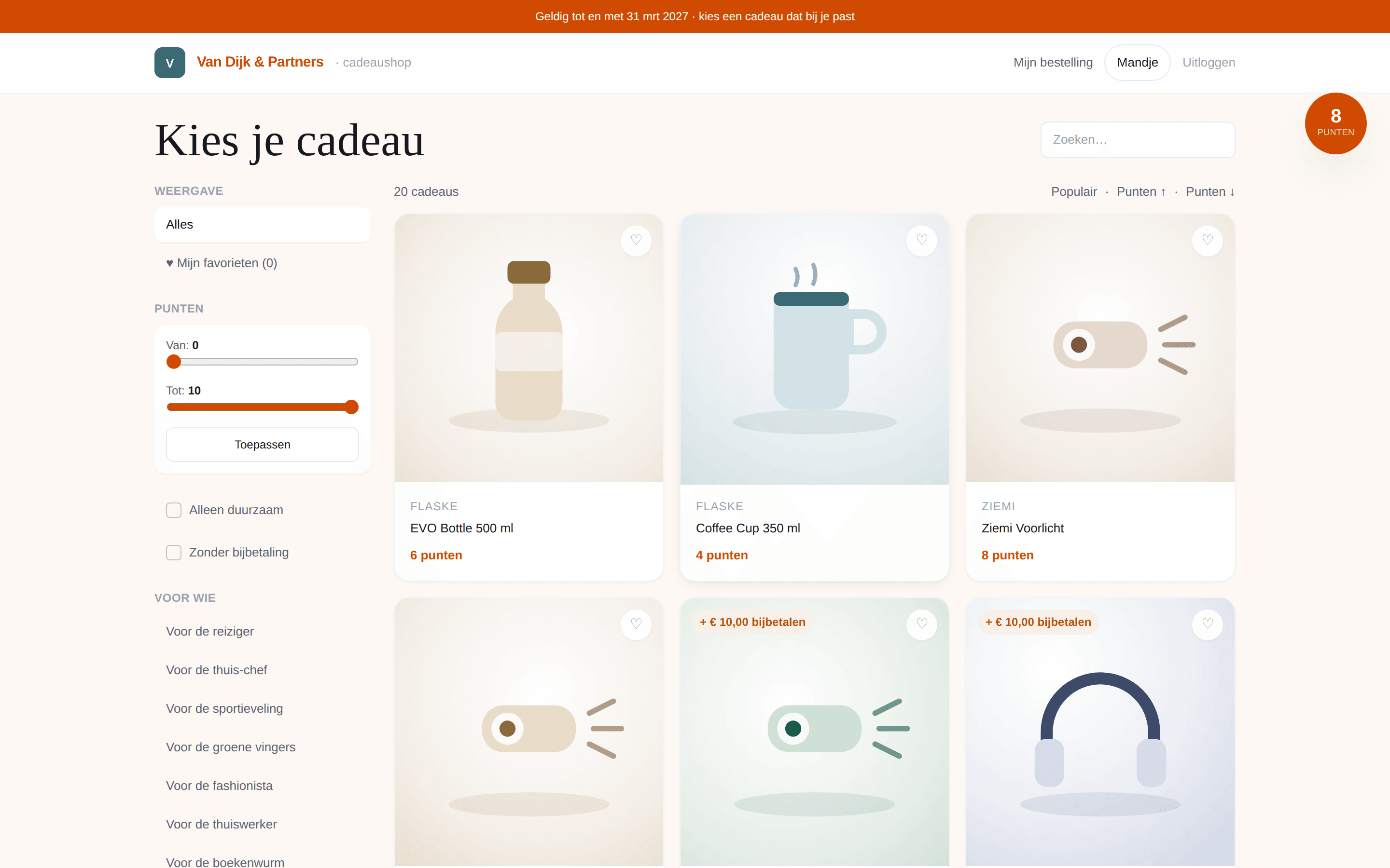 De deelnemersshop van Van Dijk & Partners met het cadeau-assortiment